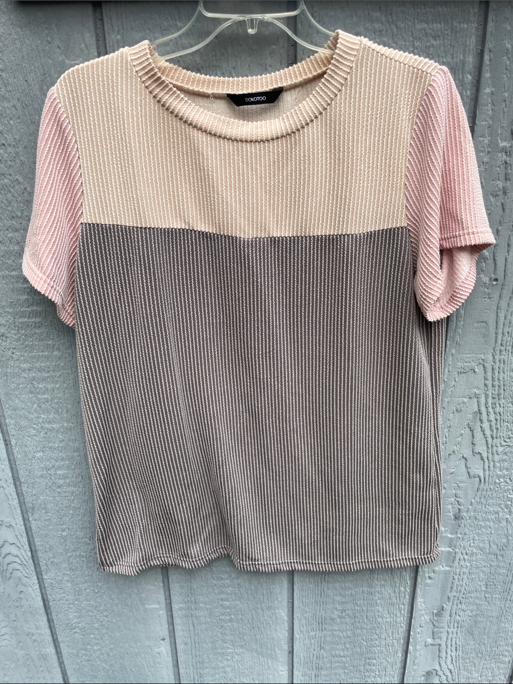 Colorblock Ribbed Short Sleeve Tee in Pink, Cream & Gray
